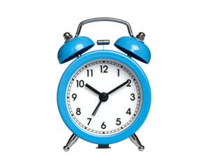 A close-up shot showcasing a classic, bright blue analog timepiece with a white face, black hands, and chrome detailing