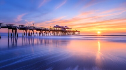 Obraz premium Coastal pier at sunset calm ocean waters and colorful sky
