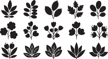 Obraz premium Black silhouettes of various flowers and leaves