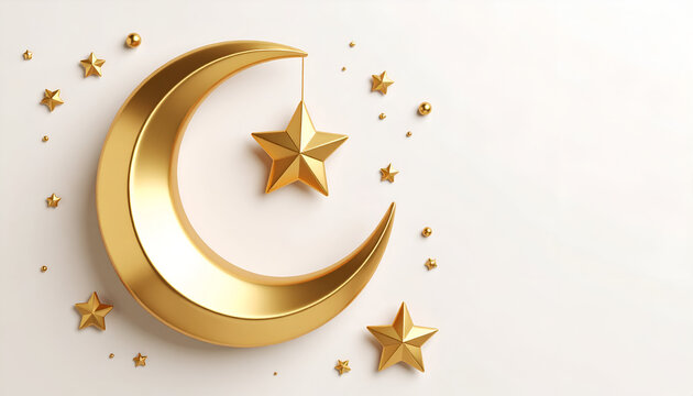 Elegant 3D golden crescent moon with hanging stars and scattered ornaments, perfect for festive holiday designs and spiritual celebrations with ample copy space