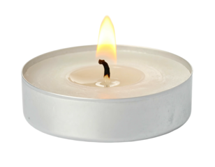 A close-up shot of a small, lit tea light candle. It sits in a silver metallic holder against a black background