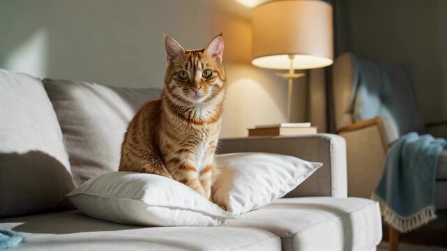 Patterned cat sitting on the sofa indoors