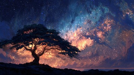 Majestic Tree Under a Starry Sky with Colorful Galaxy Display