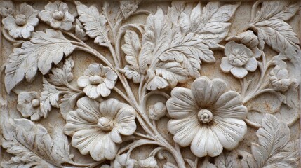 Intricate Floral Relief Carving of Blossoms and Leaves Design