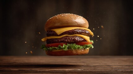 Delicious Floating Cheeseburger with Fresh Ingredients and Seasoned Patty