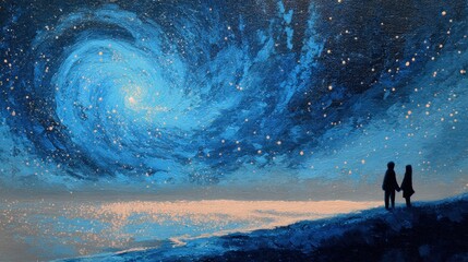 Romantic Night Sky with Couple Holding Hands Beneath Stars