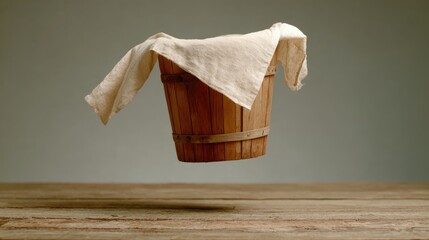 Rustic Wooden Bucket with Cloth Floating Mid-Air Above Wooden Table