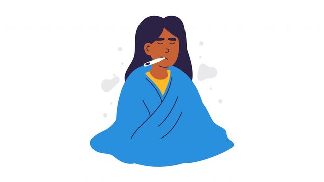 Animated Illustration Of A Woman Wrapped In A Blue Blanket Using A Thermometer To Check Her