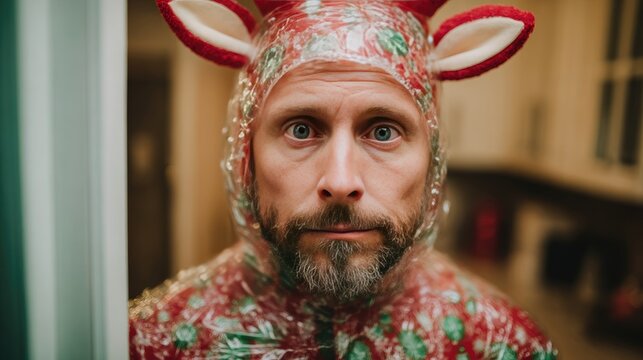 Quirky Holiday Costume: Man in Festive Reindeer Suit Wrapped in Bubble Wrap