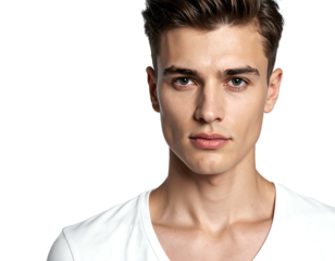 A close-up shot of a young man with light skin, looking straight at the camera. He wears a white t-shirt