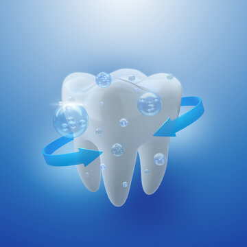 Strong tooth with fluoride,  Arrows around white tooth, Dental hygiene concept, 3D rendering