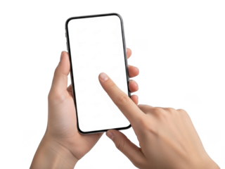Hand holding smartphone with blank screen isolated on transparent background