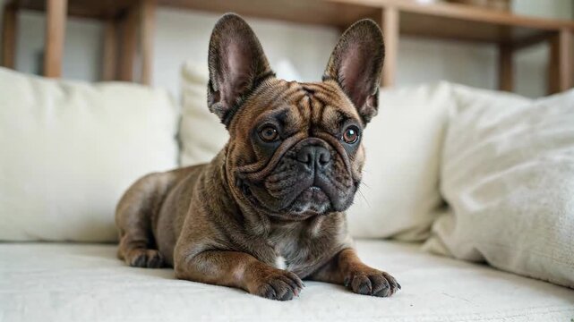 The fighting dog lies on the sofa