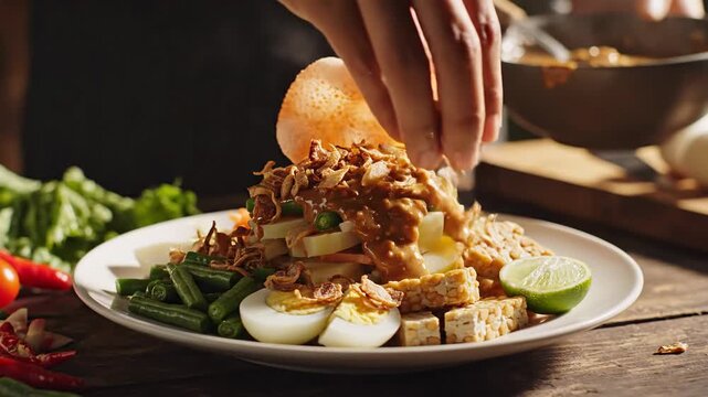 Preparing Gado Gado Indonesian Salad Dish.