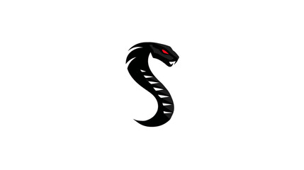 Fototapeta premium Aggressive Black Cobra Snake Head Logo Illustration with Coiled Body and Piercing Red Eyes on White Background, Venomous Reptile Graphic