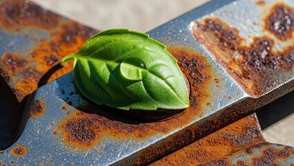 Fresh basil leaf on rusty metal, contrast nature, industry, old and new
