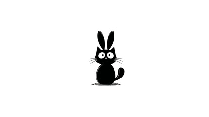 Whimsical black cartoon cat with big eyes and bunny ears sitting. Adorable animal illustration on white background.
