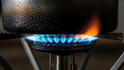 Burner with flame, pot cooking, kitchen energy, home culinary, food preparation