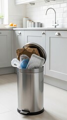 Full trash bin in modern kitchen, waste management, household chores, daily mess