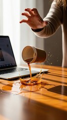 Spilled coffee on laptop, unexpected accident, work mess, liquid incident, problem