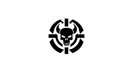 Stylized horned skull and target crosshair icon. Aggressive dark vector graphic symbol for gaming, danger, or design elements.