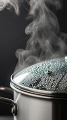 Steam rises from boiling pot, cooking food, hot vapor, home culinary process