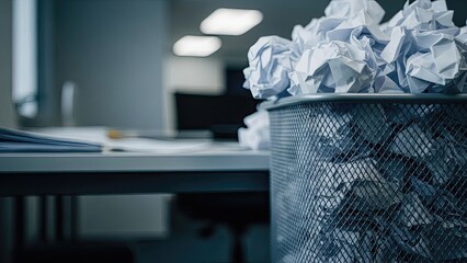 Full trash bin with crumpled paper, creative block, office waste, work stress