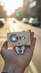 Cassette and earbuds, technology evolution, nostalgia, contrast of eras, music