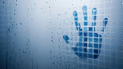 Handprint on foggy glass, shower steam, relaxation, bathroom warmth, mystery
