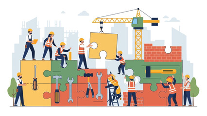 Construction workers building puzzle pieces in a cityscape