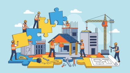 Construction workers building puzzle pieces of a cityscape