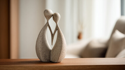 Abstract sculpture of two embracing figures on wooden table.