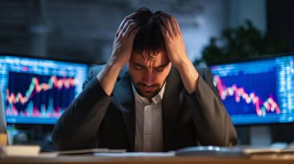 Stressed stockbroker holding head in hands at trading desk.