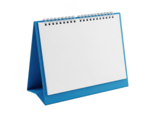 Blue desk calendar with blank page isolated on transparent background