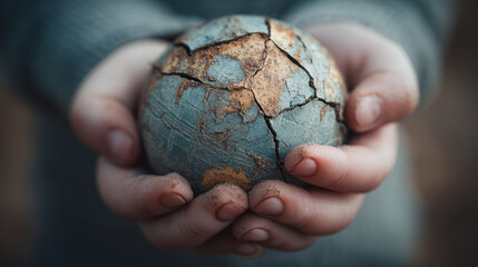 Child holding cracked earth globe in dirty hands.