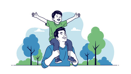Father carrying son on shoulders enjoying outdoor park day.