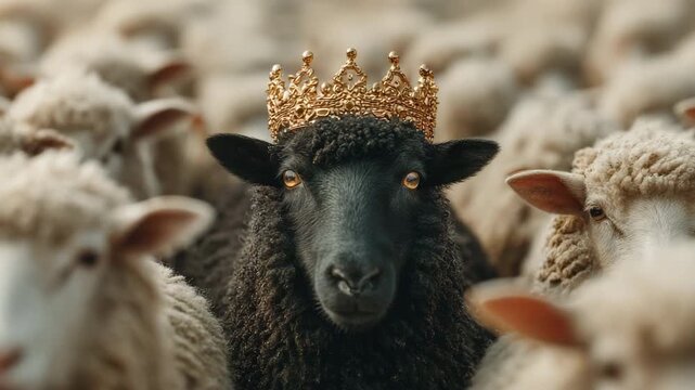 Black sheep wearing a golden crown standing confidently among white sheep, leadership