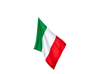 A close-up shot of a waving, tri-colored flag against a dark backdrop. The flag displays vertical green, white, and red stripes