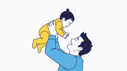 Father happily lifts his baby son up in the air.