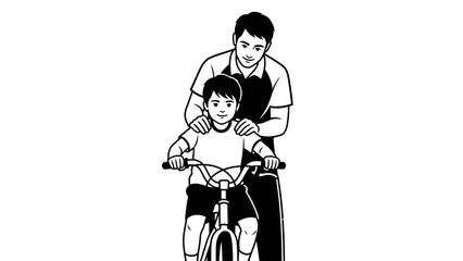 Father teaching son to ride a bicycle.