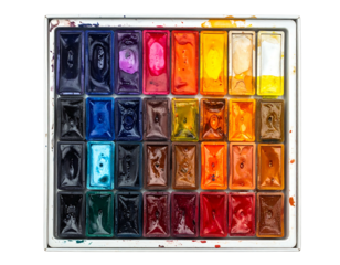 A close-up shot of a watercolor paint palette, showcasing a variety of vibrant colors arranged in rectangular pans