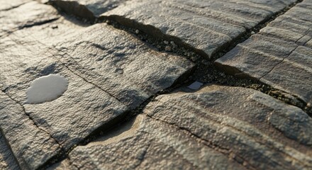 Textured stone pavement surface showing cracks and one small puddle abstract visual