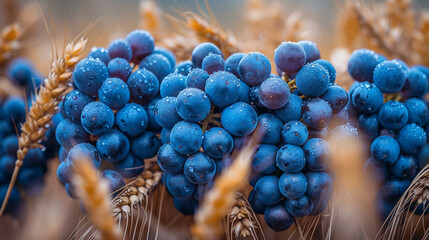 Dewy blue grapes in vineyard with wheat background, harvest time