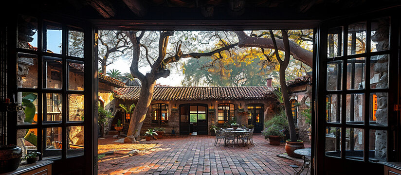 Courtyard view through open doors, tranquil scene with trees and patio