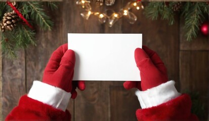 Festive Santa Claus themed hands holding blank card on rustic wooden background with holiday decorations and lights.