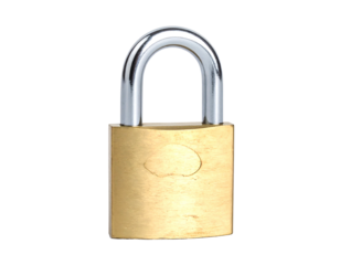 A close-up studio shot on a black background of a single gold and silver padlock, secured and ready for use