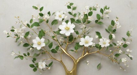 Beautiful 3D Rendering of Elegant Tree Structure with Gold Branch and Symmetrical White Flowers on Beige Background