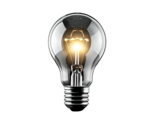 A close-up studio shot presents a bright, glowing filament bulb. The light bulb, casting a soft glow, stands out against a black backdrop