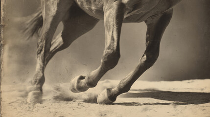 Close up of running horse legs kicking up dust. Old 80s printed photo style.