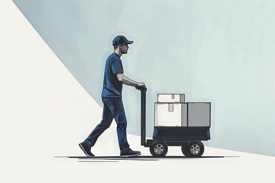 Delivery Person Pushing a Cart with Boxes on a White Background image photo